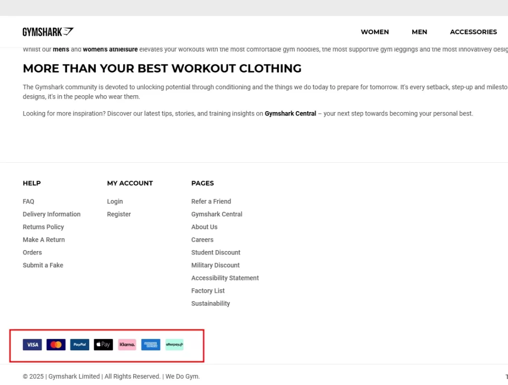 A website with security badges and payment logos